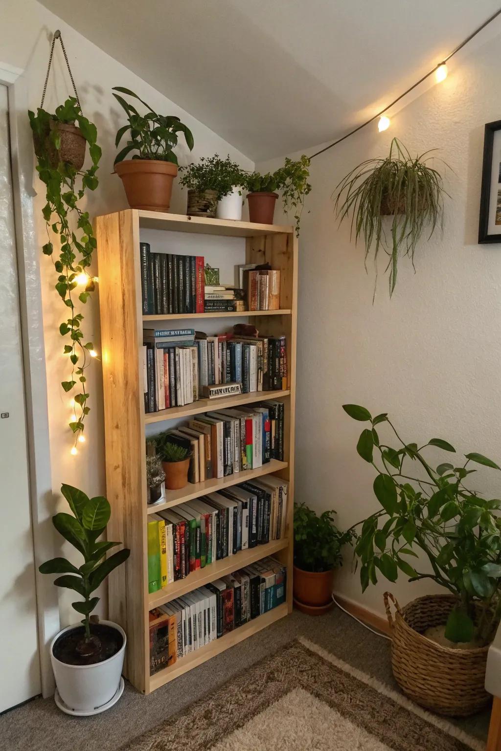 Optimize space using an enchanting corner bookcase.