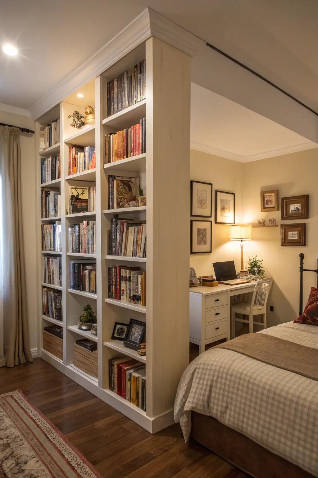 A multi-use bookcase enhancing privacy and style.