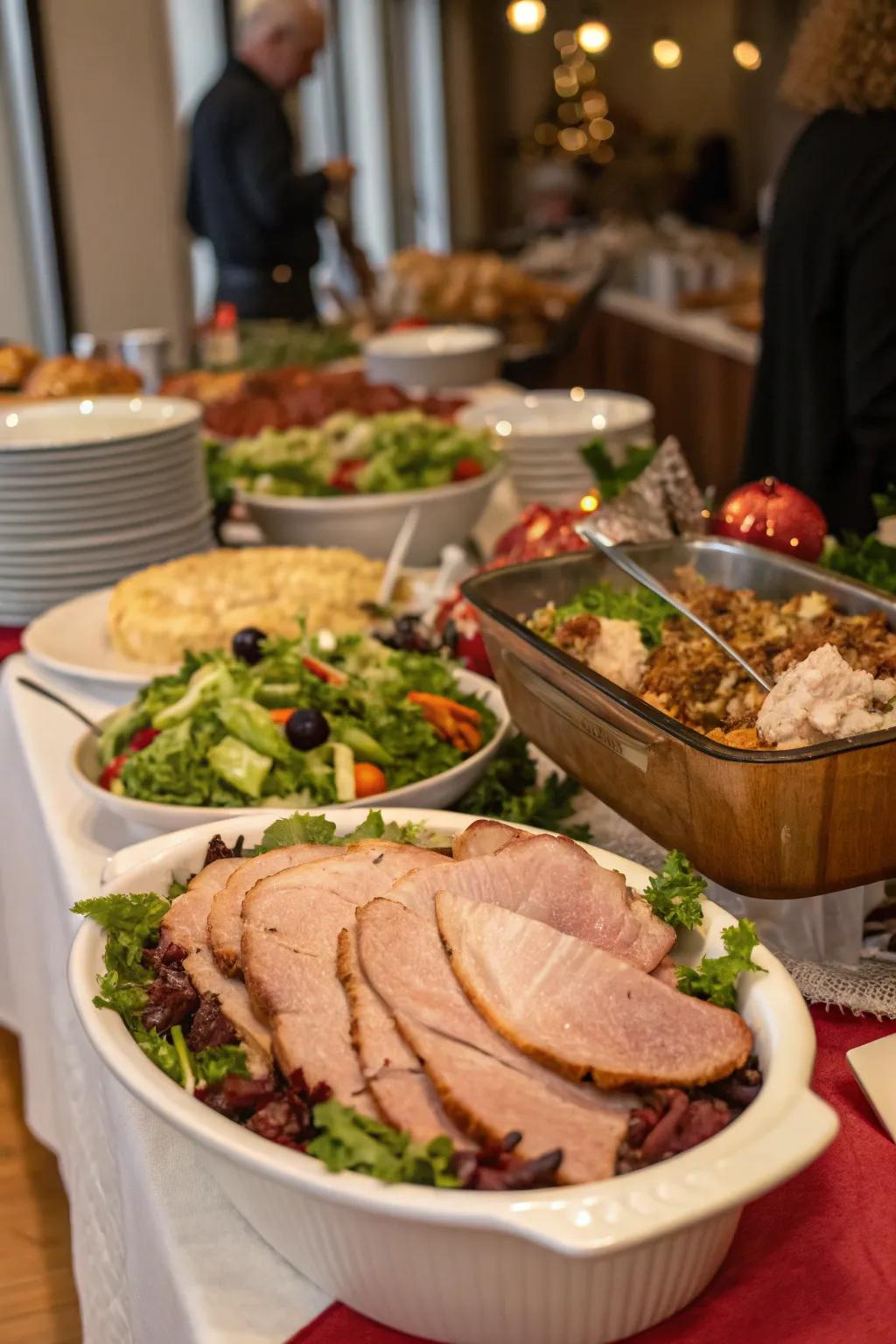 A buffet showcasing holiday leftovers and crisp salads.
