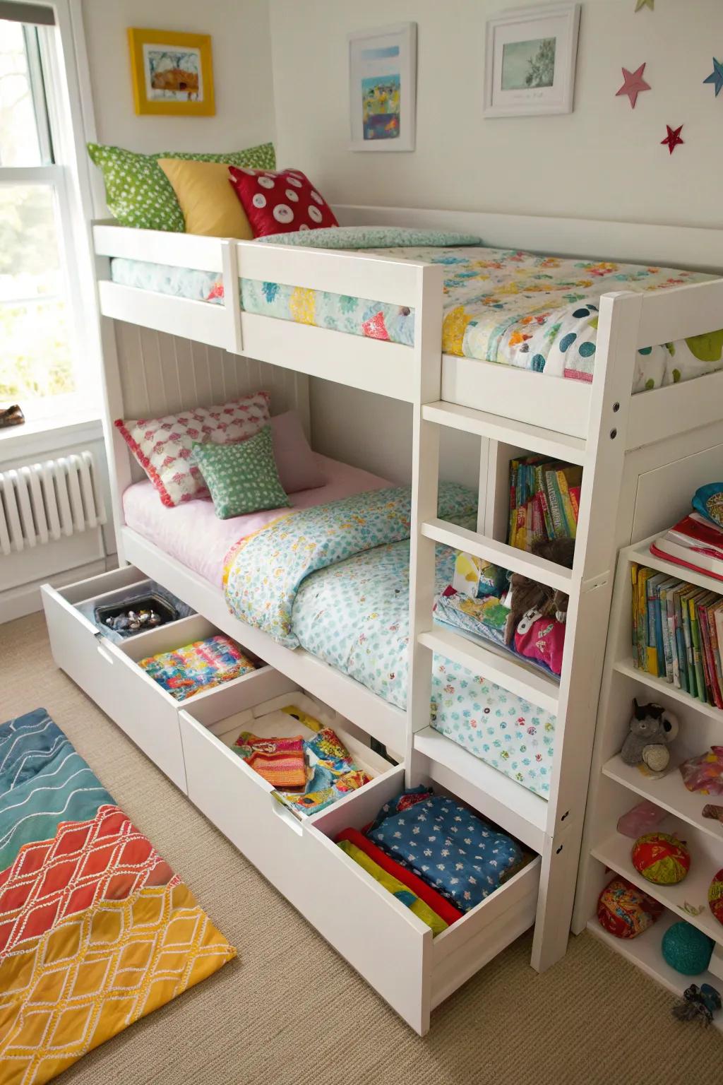 The shared space is kept tidy and organized with beneath-sleeper storage.