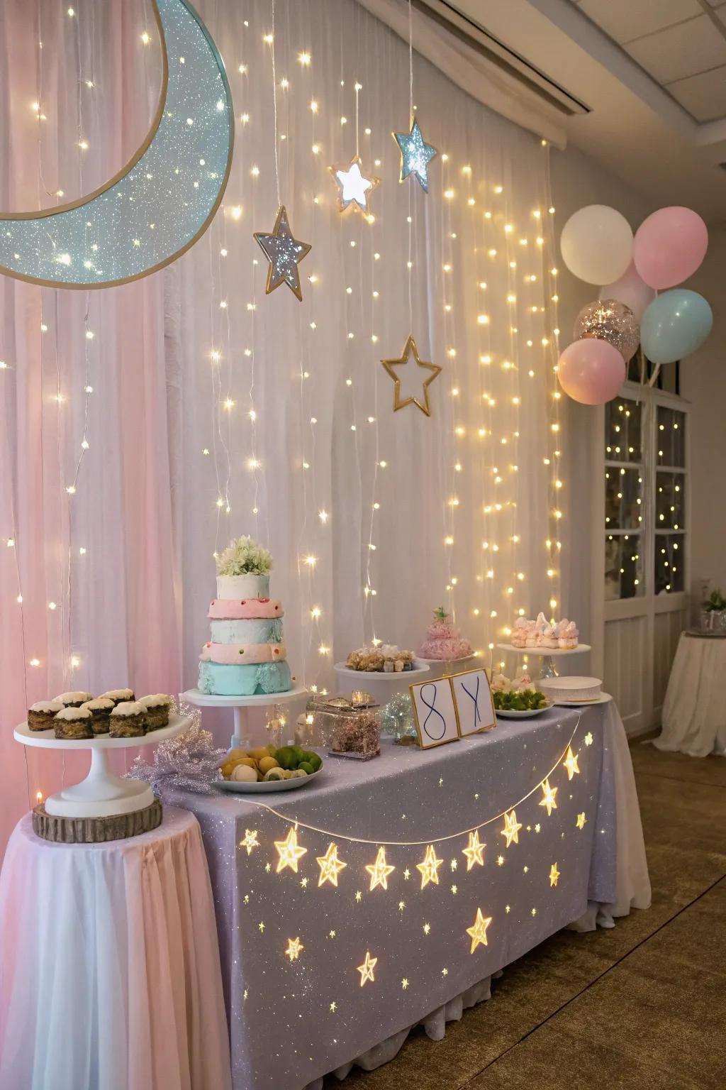 Star-themed baby shower featuring celestial features and soft lighting