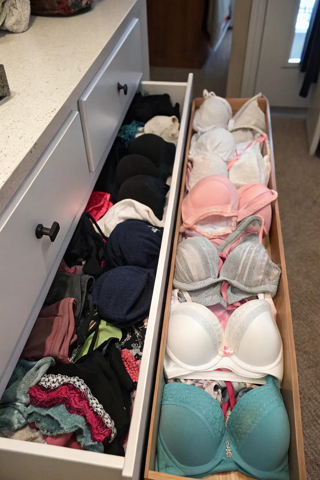 Observe the dramatic improvement from disorder to neatness with clever storage.