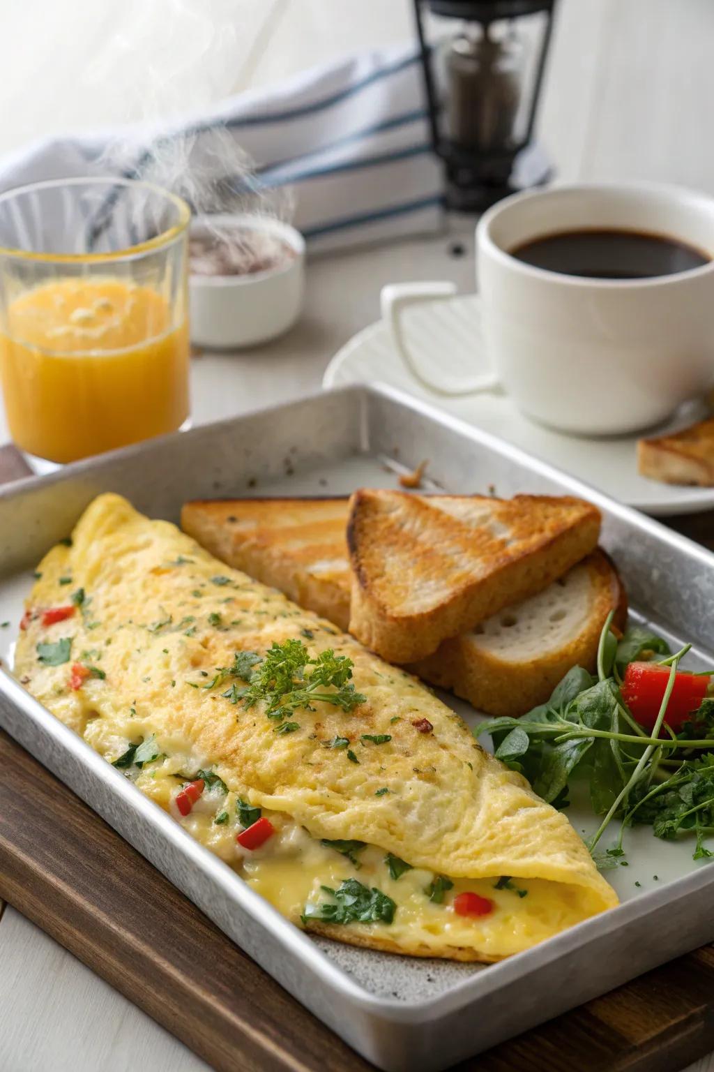 An herb-infused omelet introduces a savory flair to your breakfast in bed.