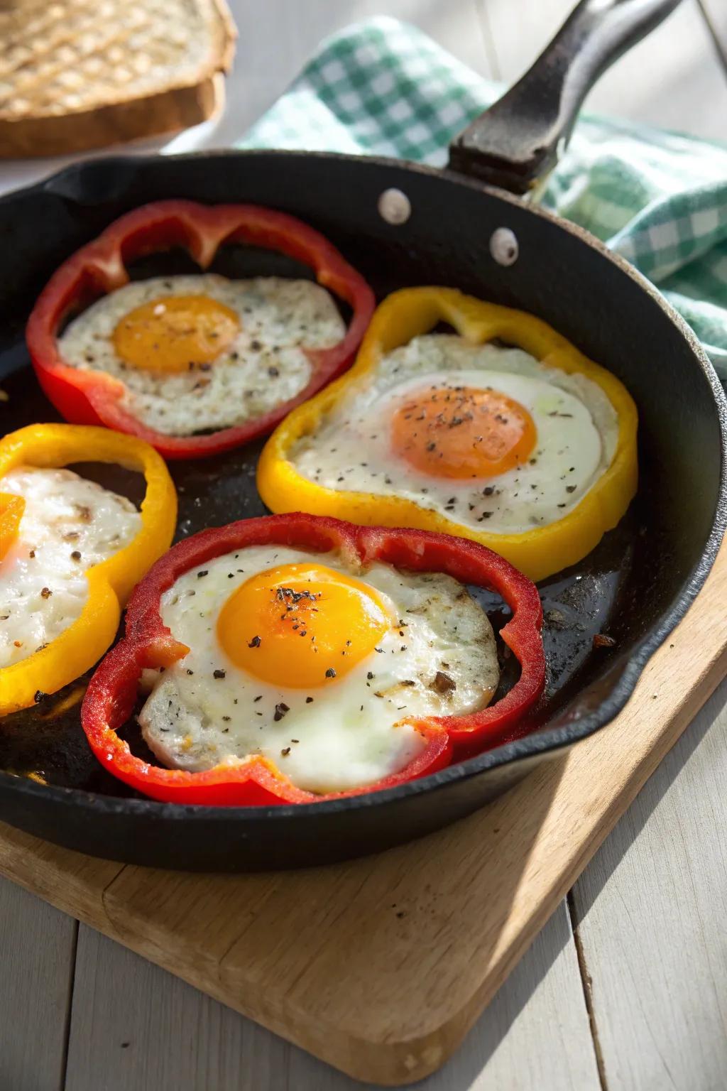 Eggs nestled in pepper rings make for a cheerful morning meal.