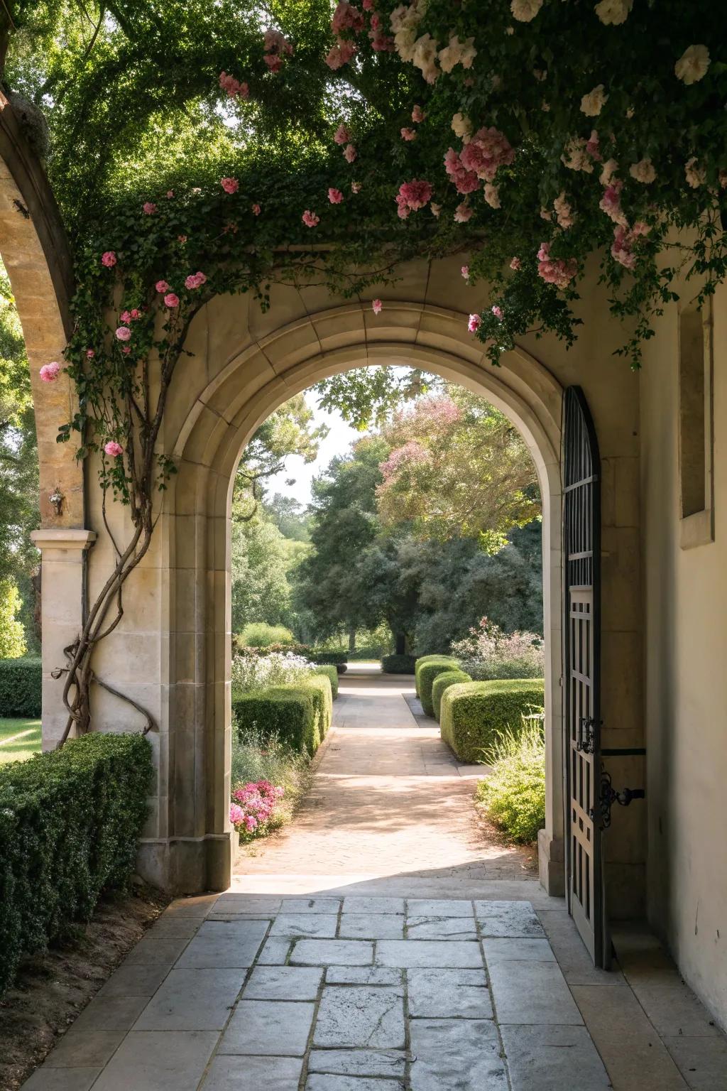 An elegant arched entrance that enhances the breezeway's charm.