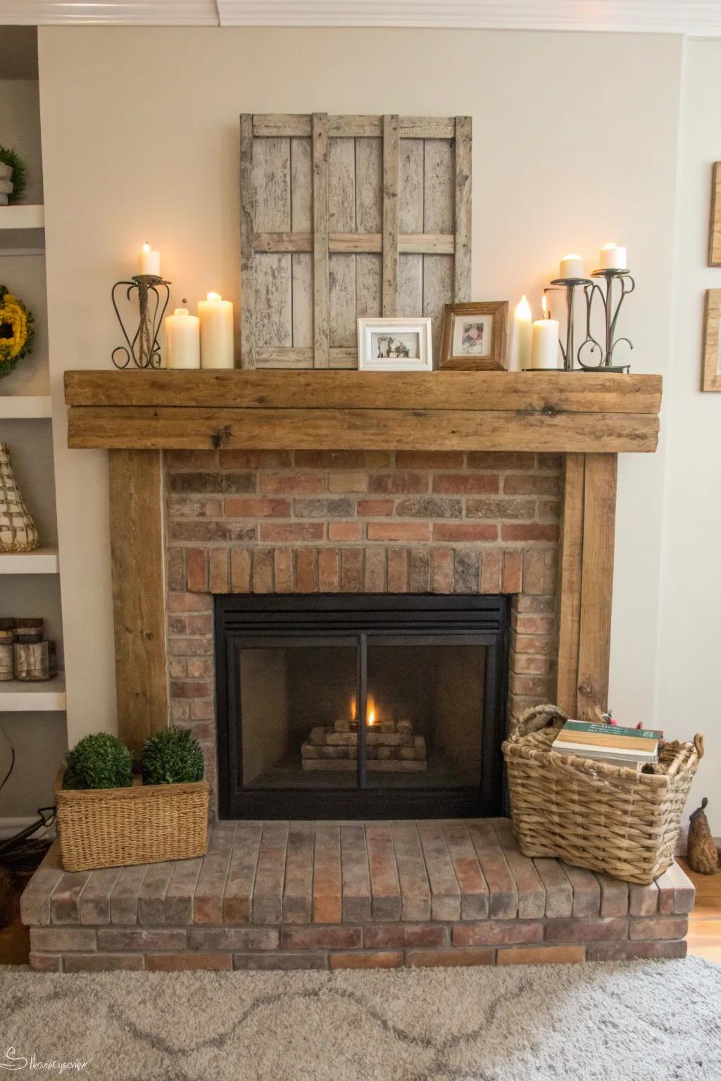 A brick hearth featuring a wooden mantel, adding rustic charm and function.