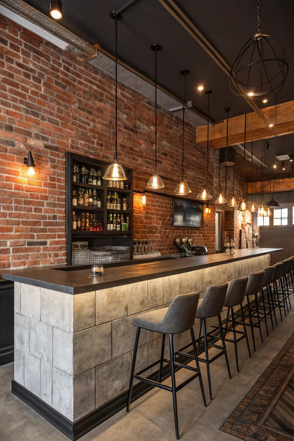 A modern bar where pendant lighting elevates the textured brick wall.