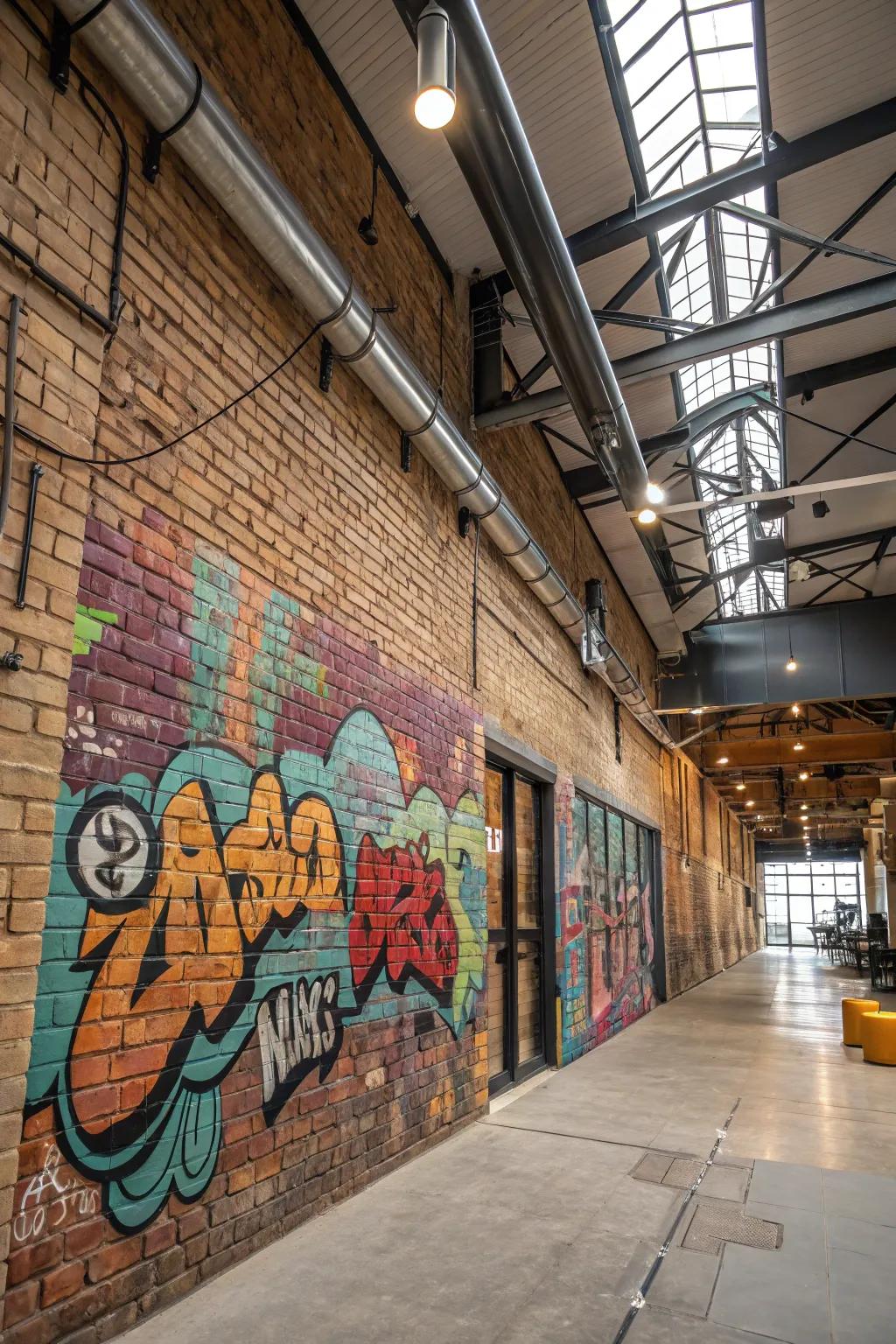 Graffiti-inspired mural bestows urban spirit to a loft's brick feature.