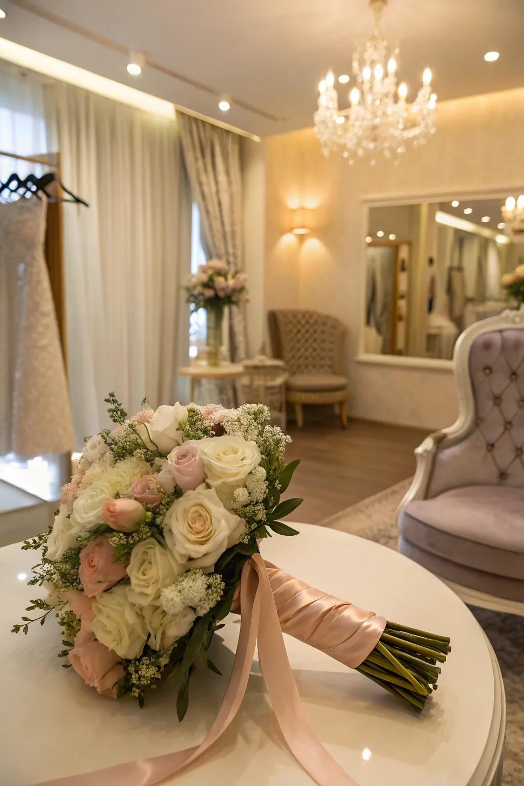 Silk band dressings deliver a traditional and elegant finish to bridal bouquets.