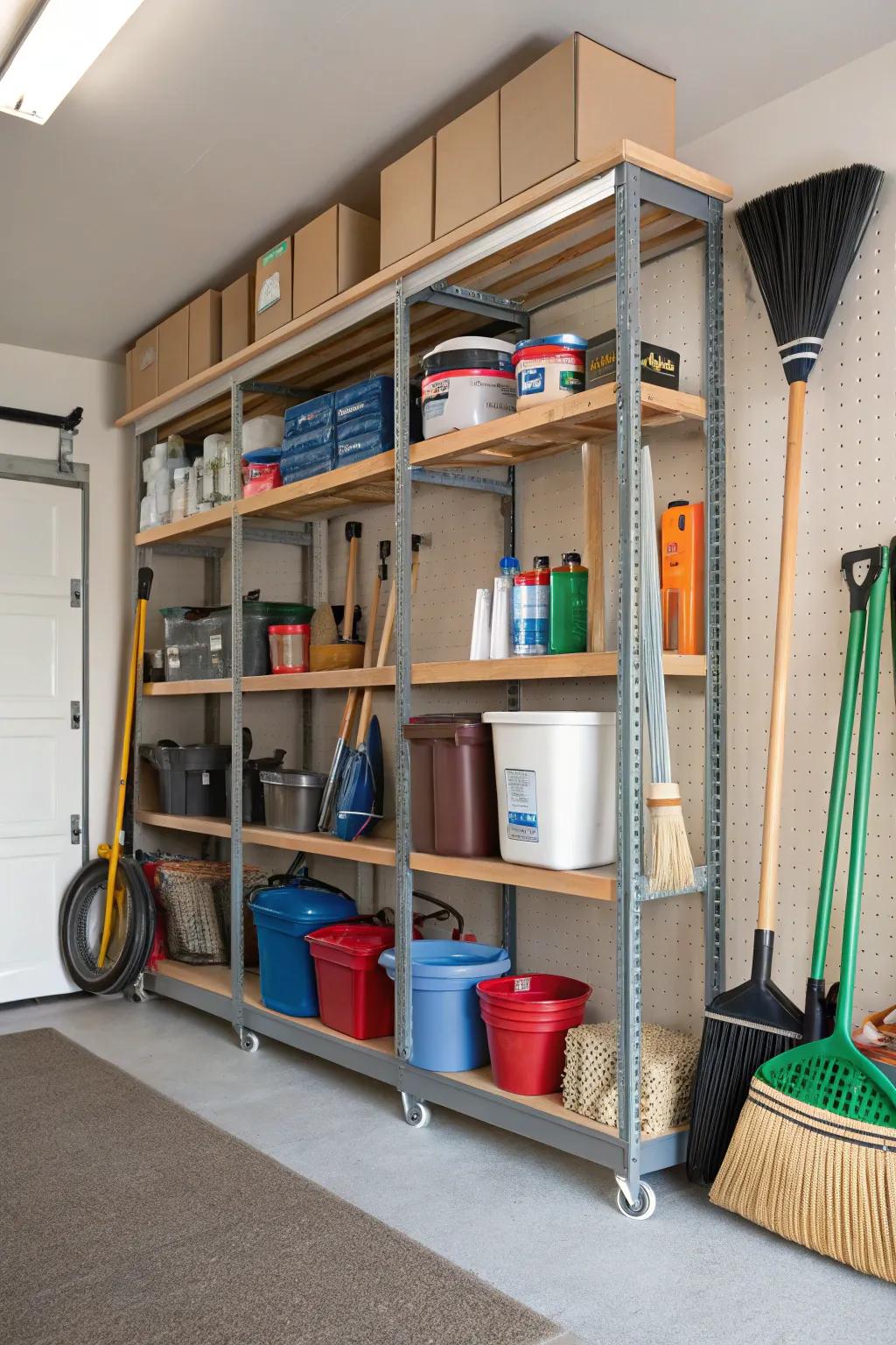 Bespoke shelving for a neat and structured garage.