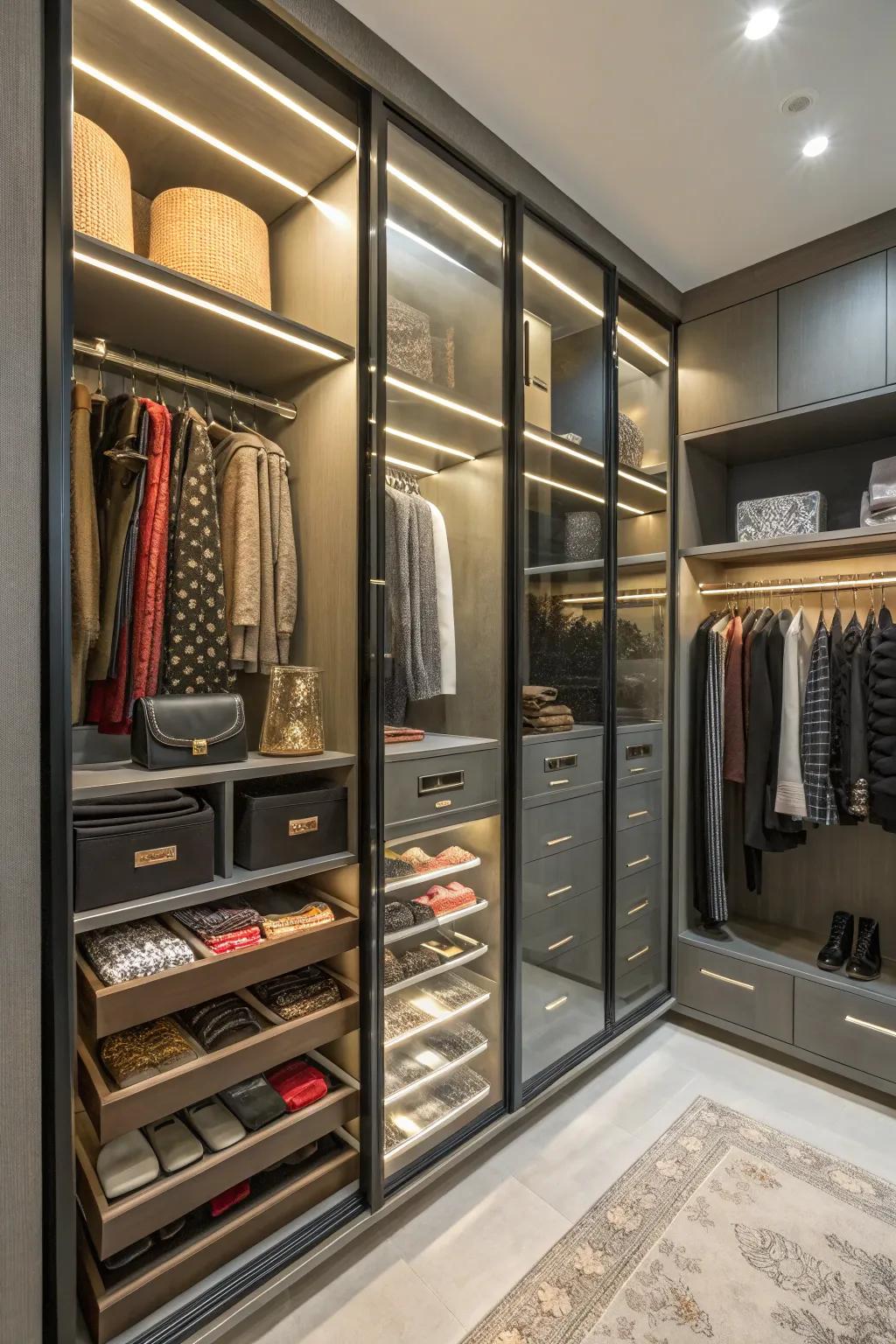 Drawers featuring glass fronts enhance visibility and impart elegance.
