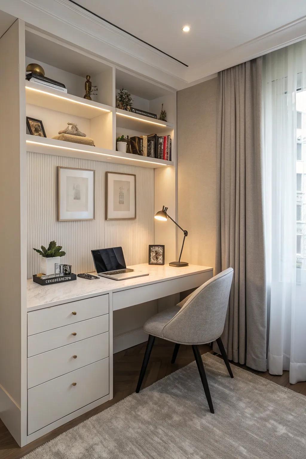 A corner turned into a useful spot with a built-in desk.