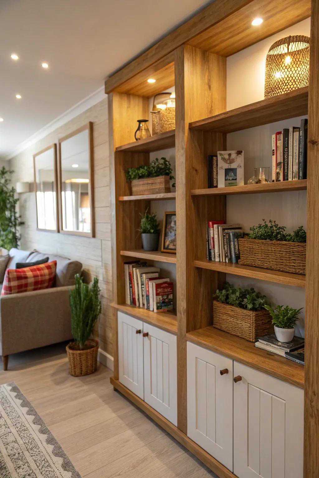 Organic accents, like timber and greenery, enrich custom shelving with warmth.