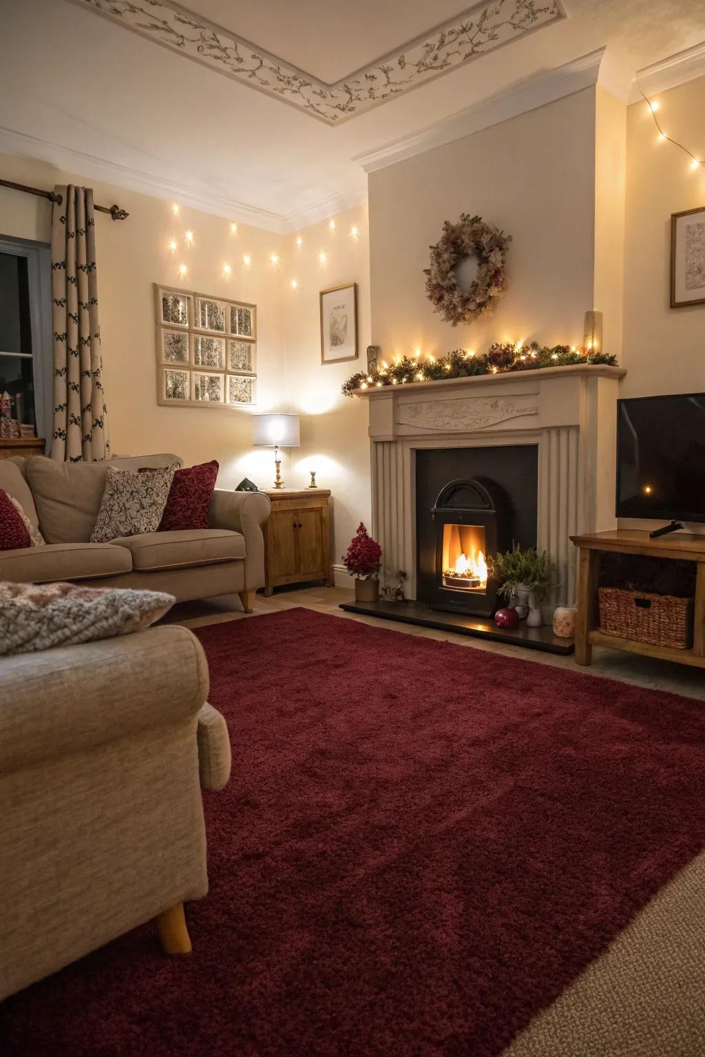 An intimate ambiance crafted using a scarlet floor covering and ambient lighting.