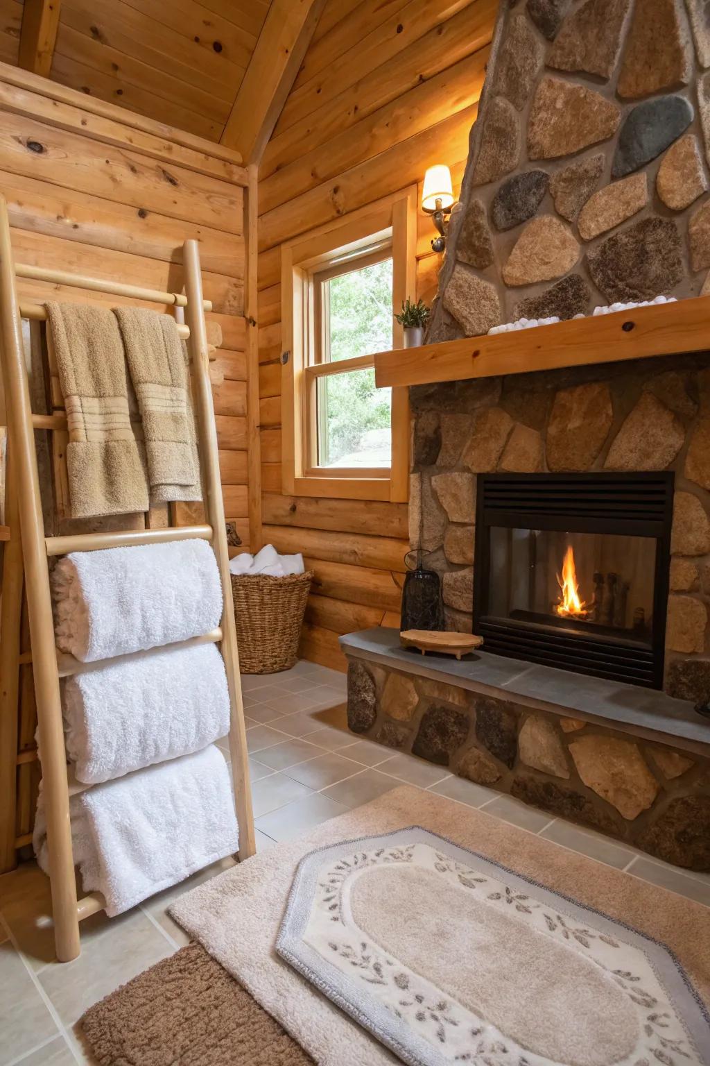 A log cabin washroom with luxurious floor coverings and tender cloths for a snug environment.