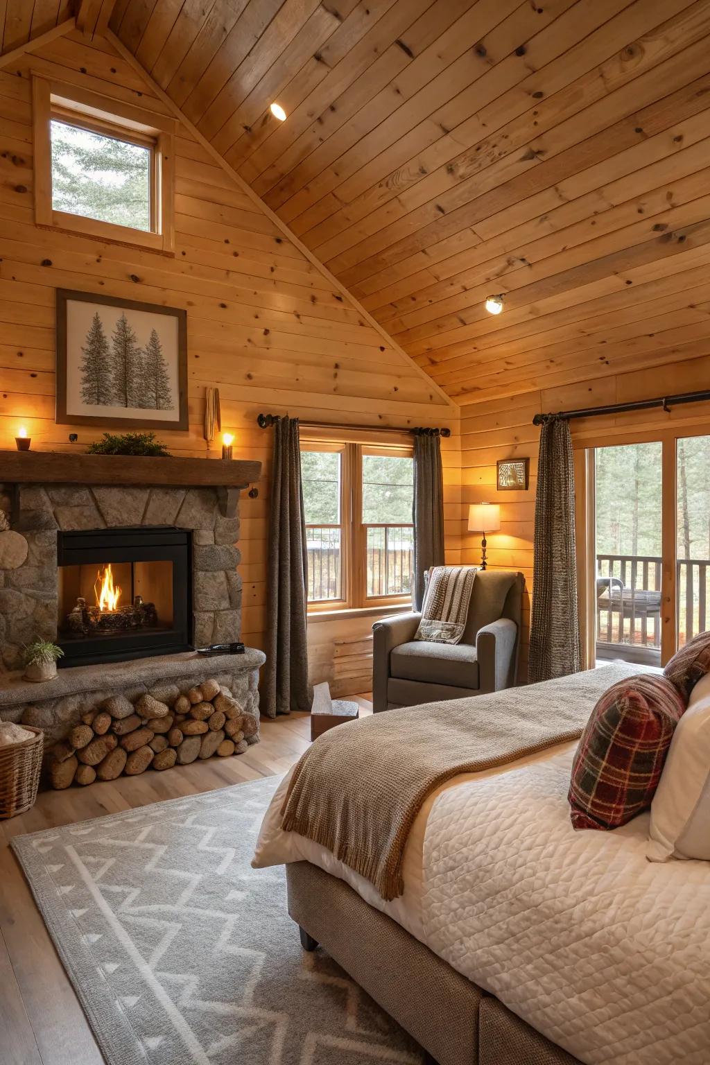 A snug cabin bedroom including a hearth and an inviting seating arrangement.