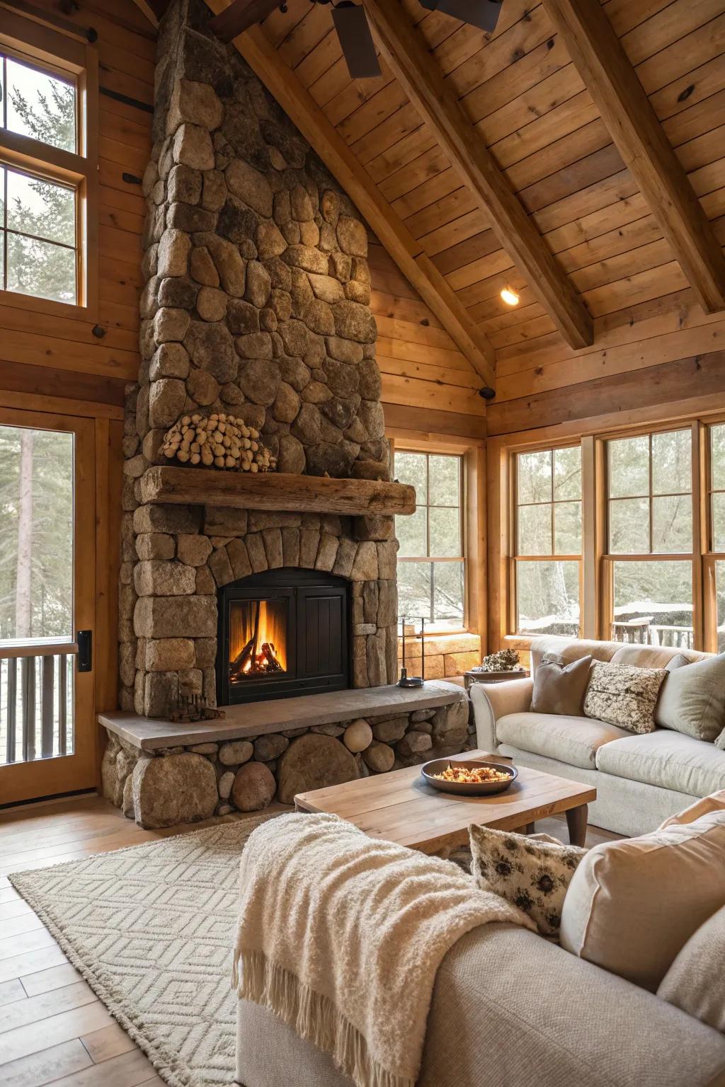 A rock fireplace becomes the central, warm, and welcoming feature.