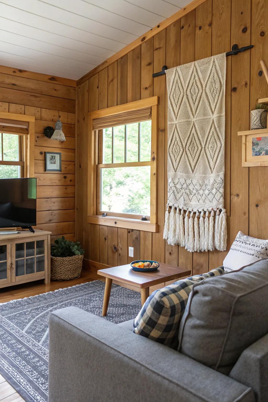 A mix of materials enriches the depth and interest of the cabin’s decor.