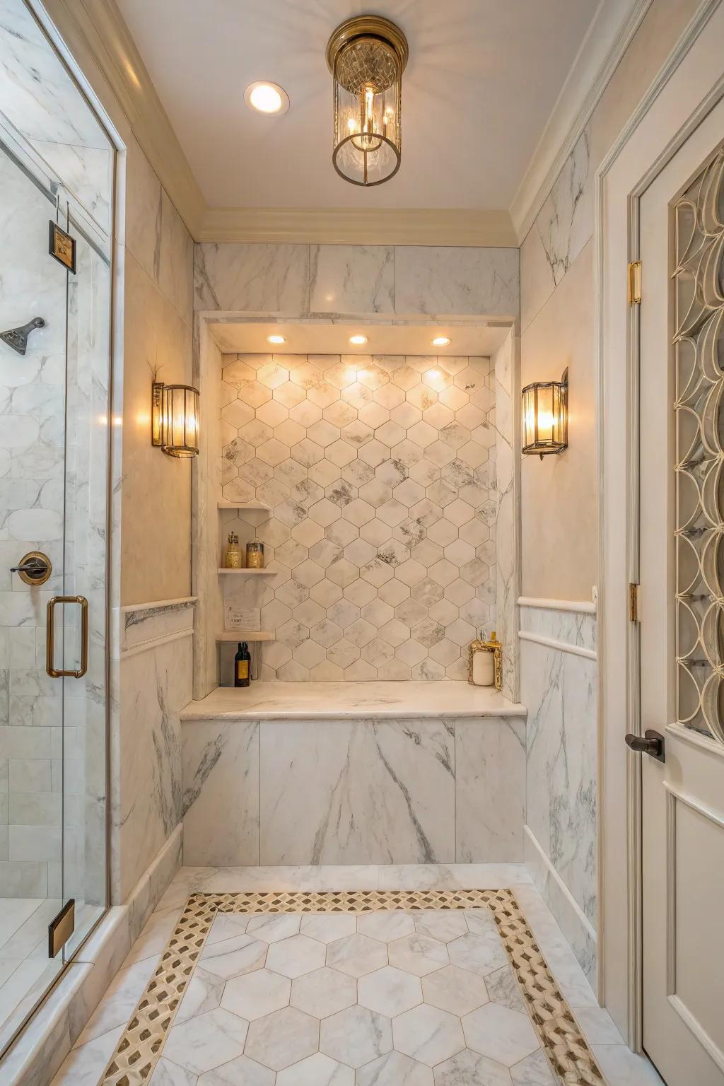 A lavish shower nook crafted with exquisite Luminous Argento marble tiles.