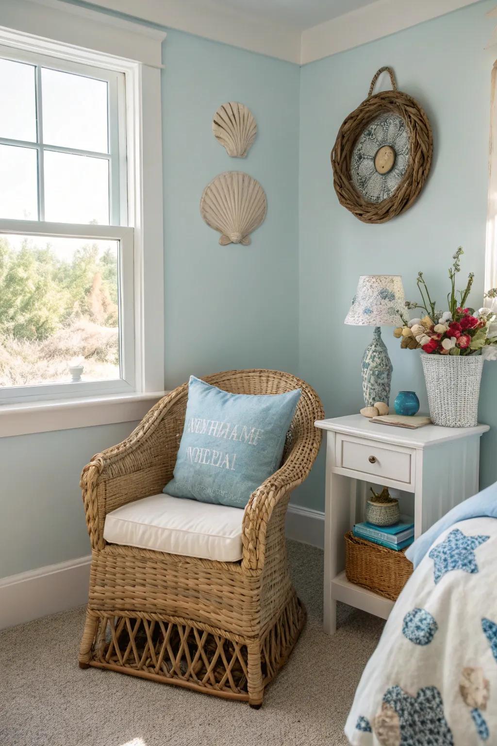 The corner of this bedroom features a wicker chair and coastal-inspired decor, creating a laid-back atmosphere.