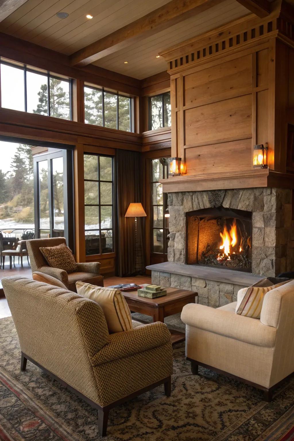 Inviting flames effect in a California room introduces warmth and atmosphere.