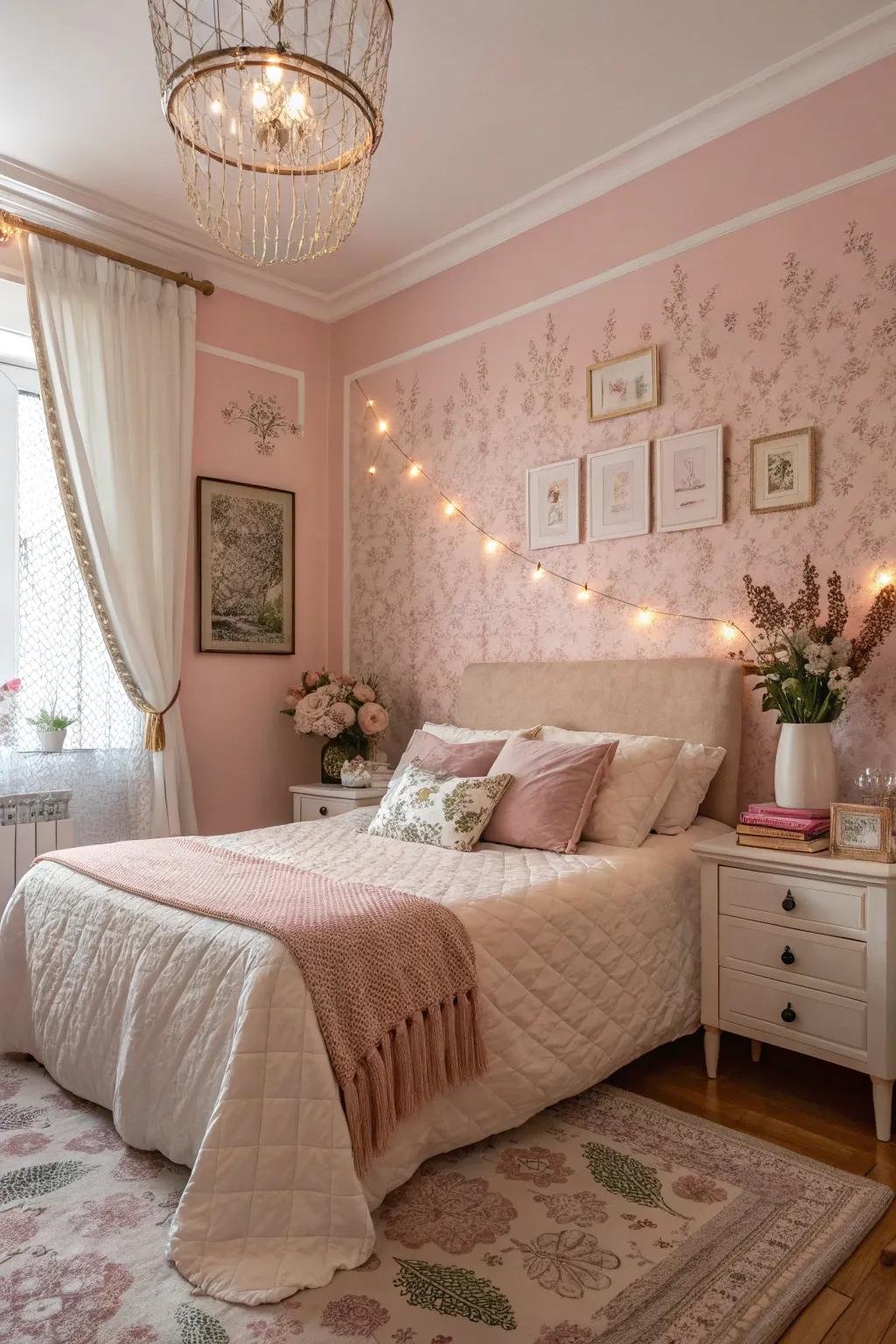 Light rosy tones introduce a gentle, romantic vibe to the bedroom.