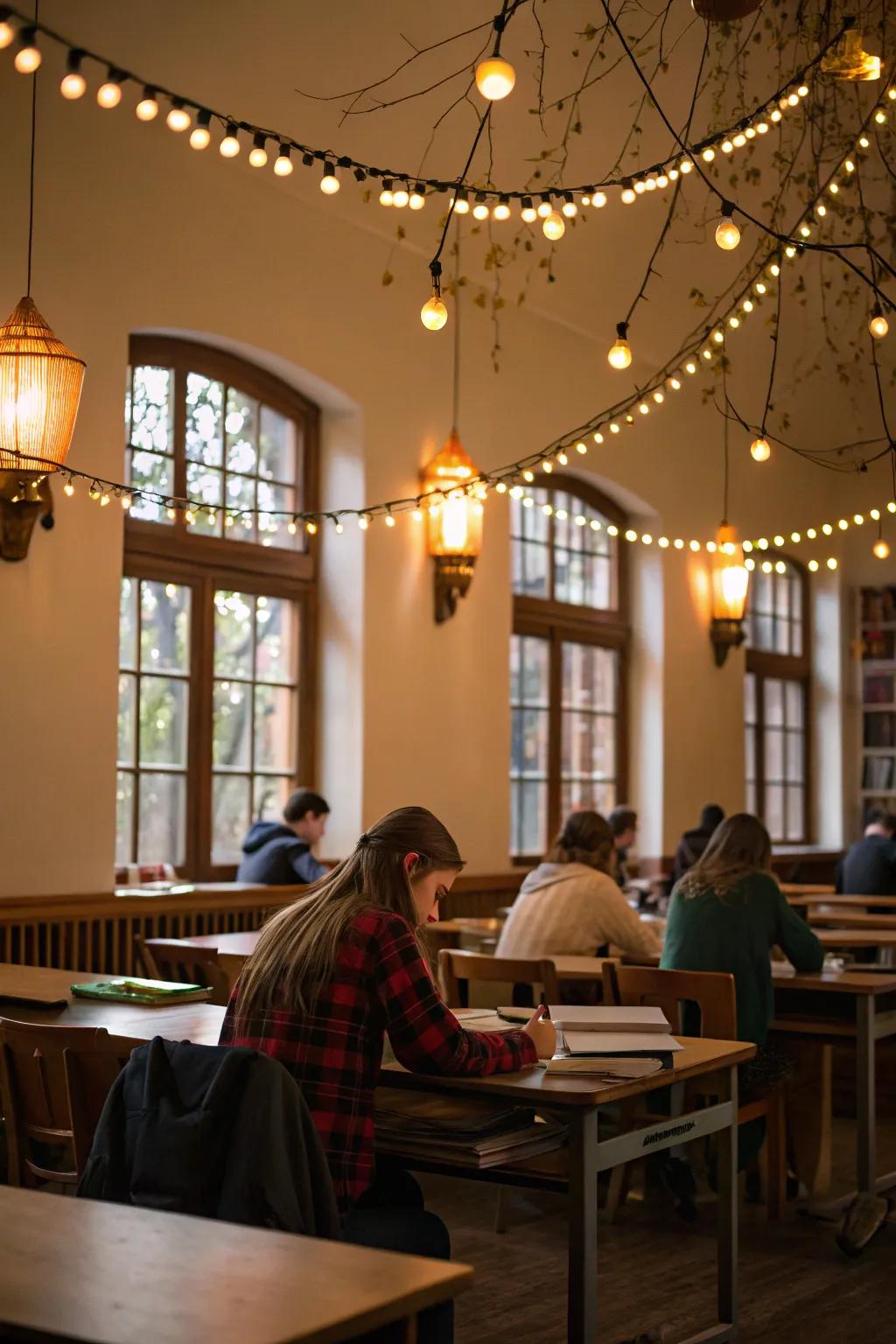 Soft lighting creates a calming tone in the classroom.