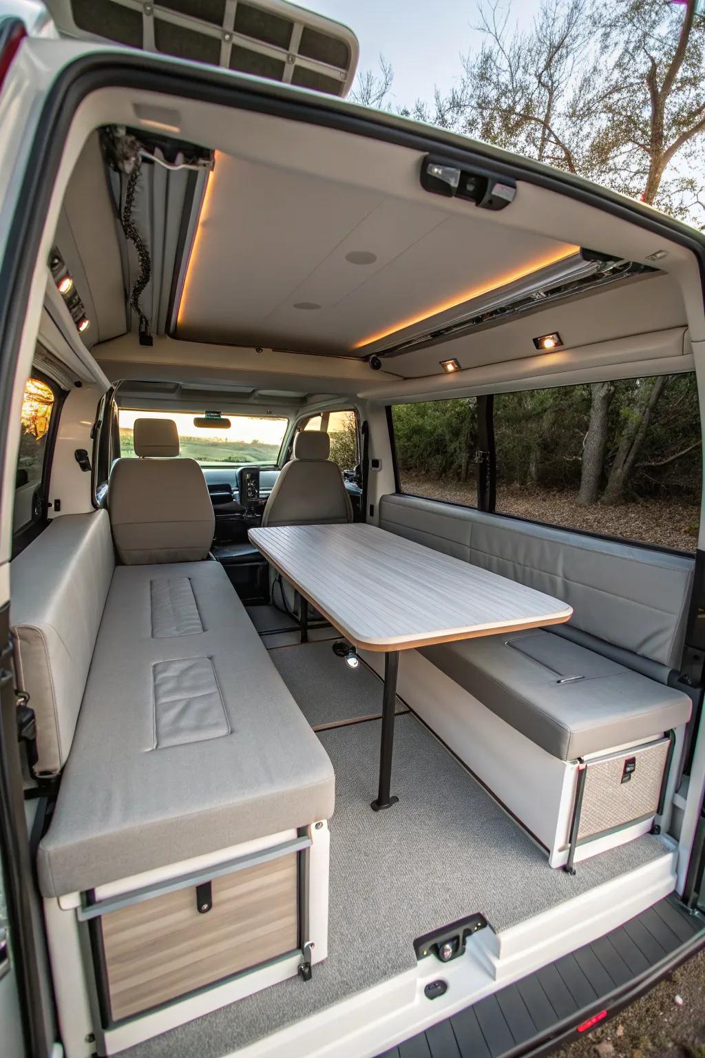 Creative multipurpose furniture enhances the versatility of camper interiors.
