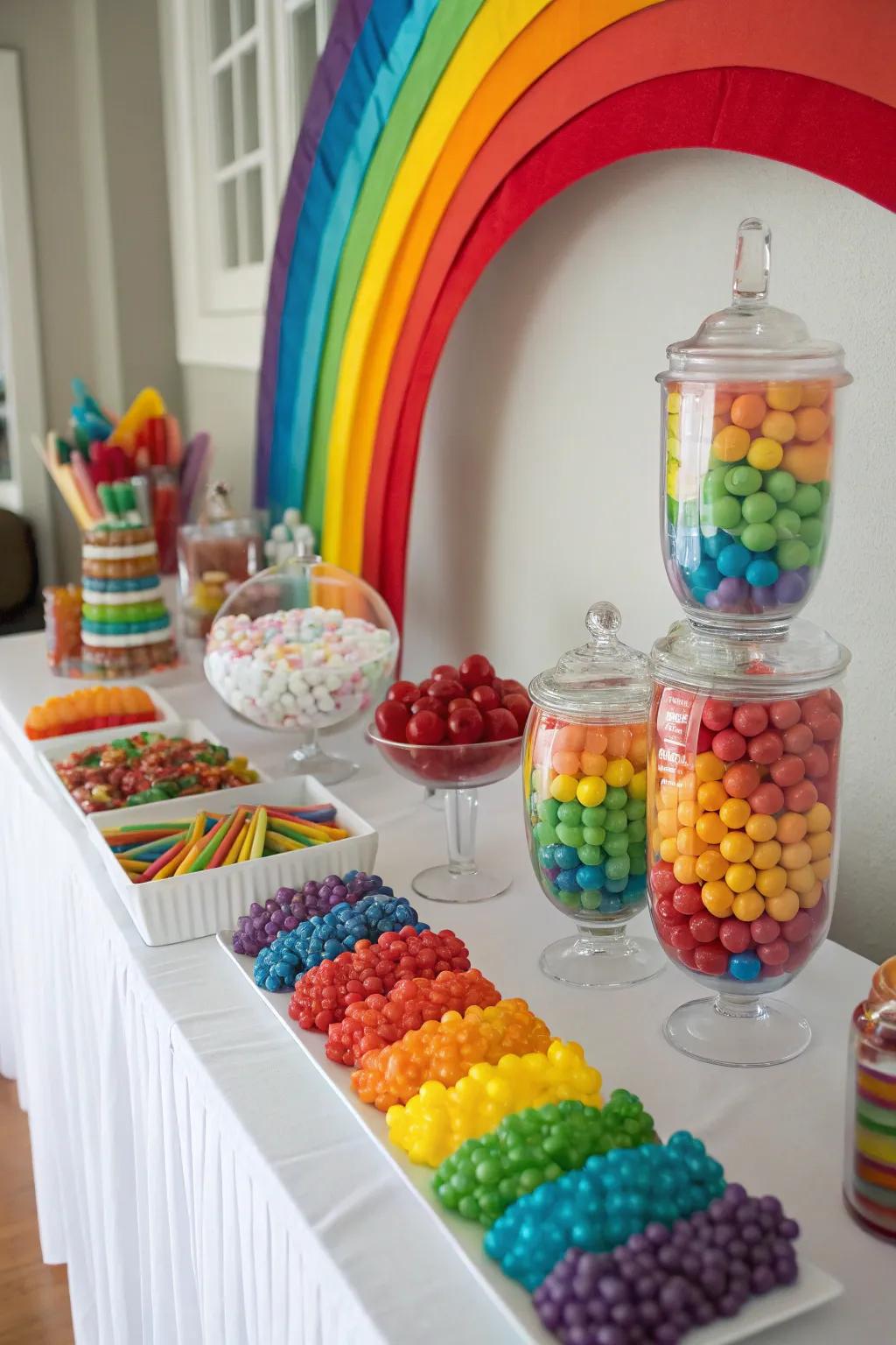 Opting for basic colors such as rainbow themes simplifies candy selection and saves money.