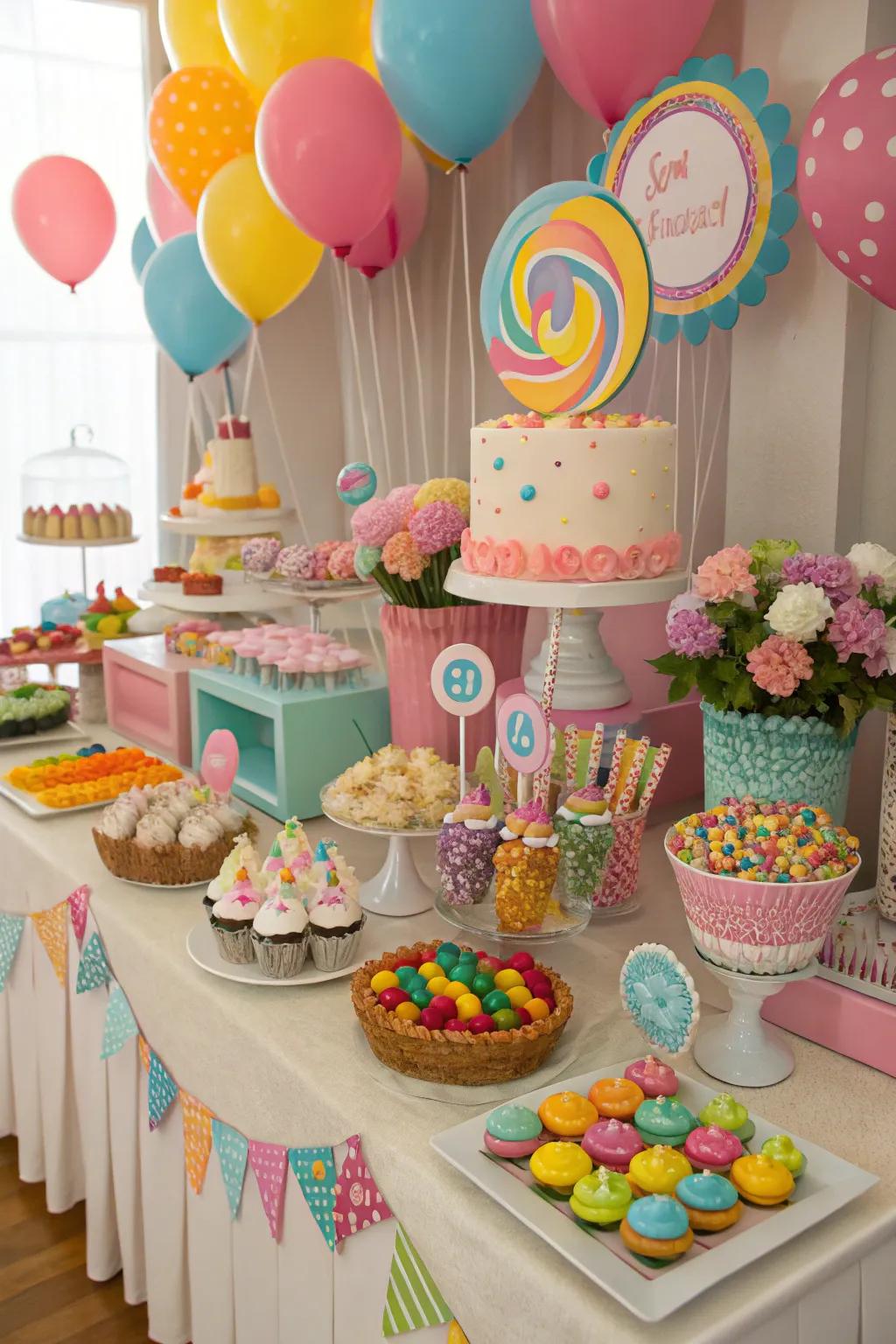 A dessert table overflowing with sweet treats in a sweetscape style.