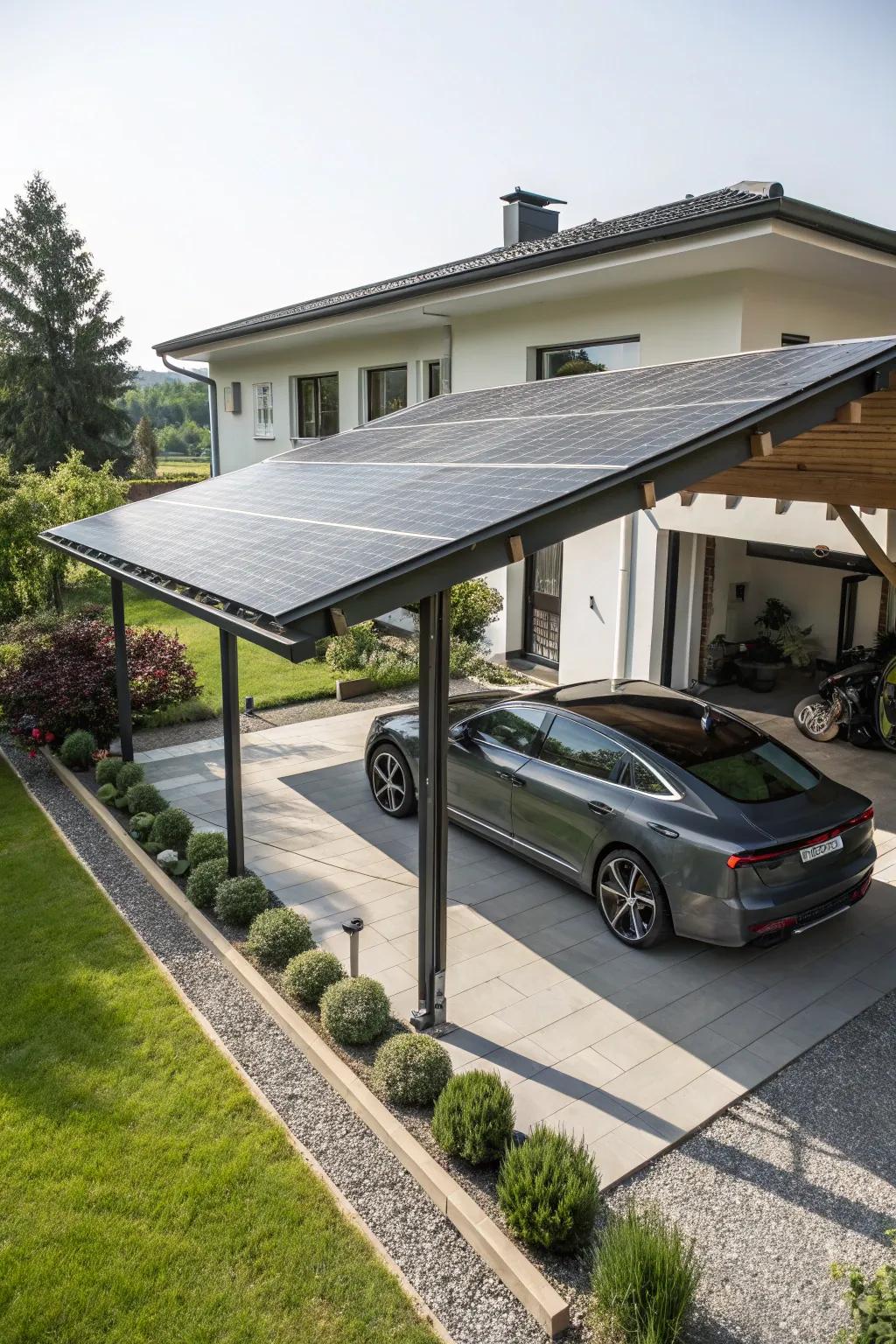 Using solar energy through a functional carport design.