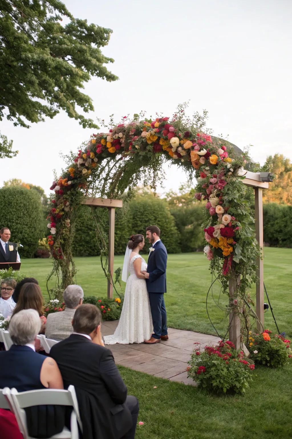 A striking floral entrance acts as the ceremony's centerpiece.