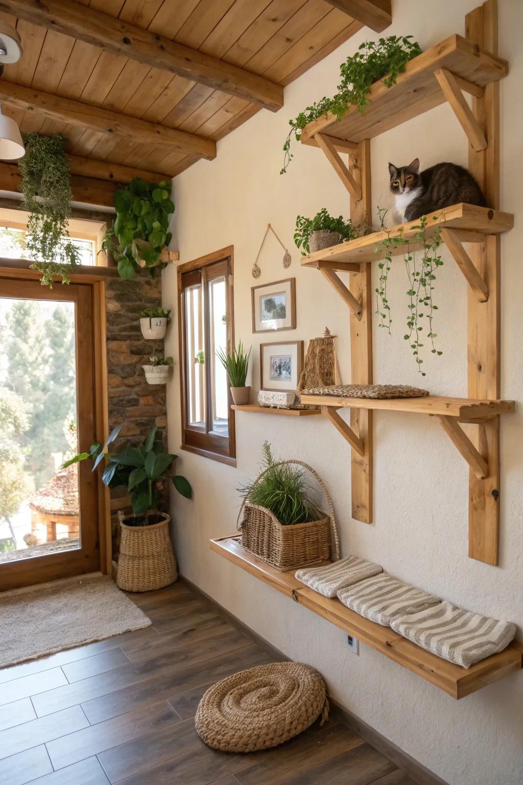 Raw wood accents contribute warmth and character.