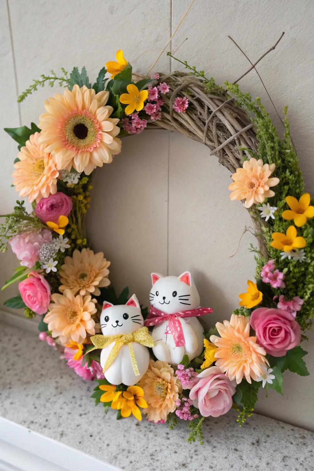A botanical feline retreat wreath ideally suited for any snug nook.