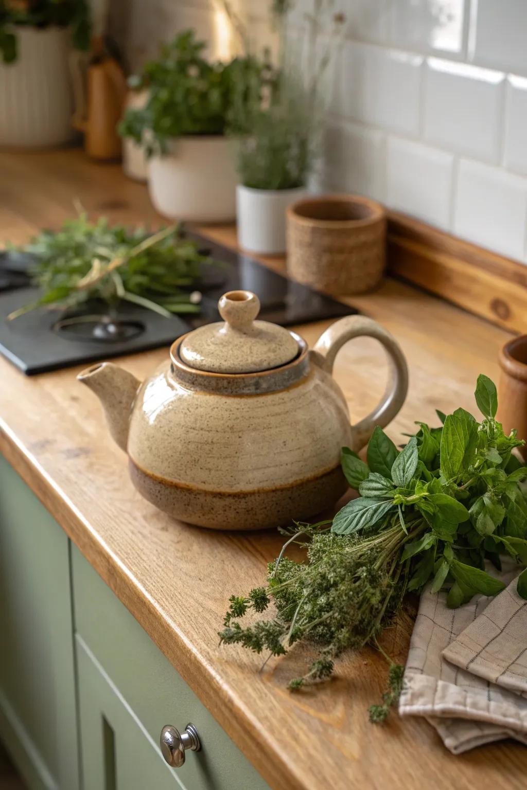 Natural hues create a serene and organic ambiance for this teapot.