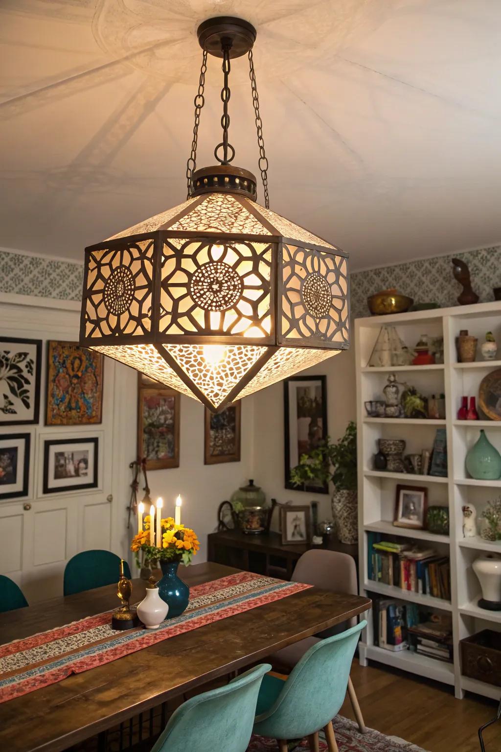 A geometric chandelier adds a touch of artistry to a dining space.