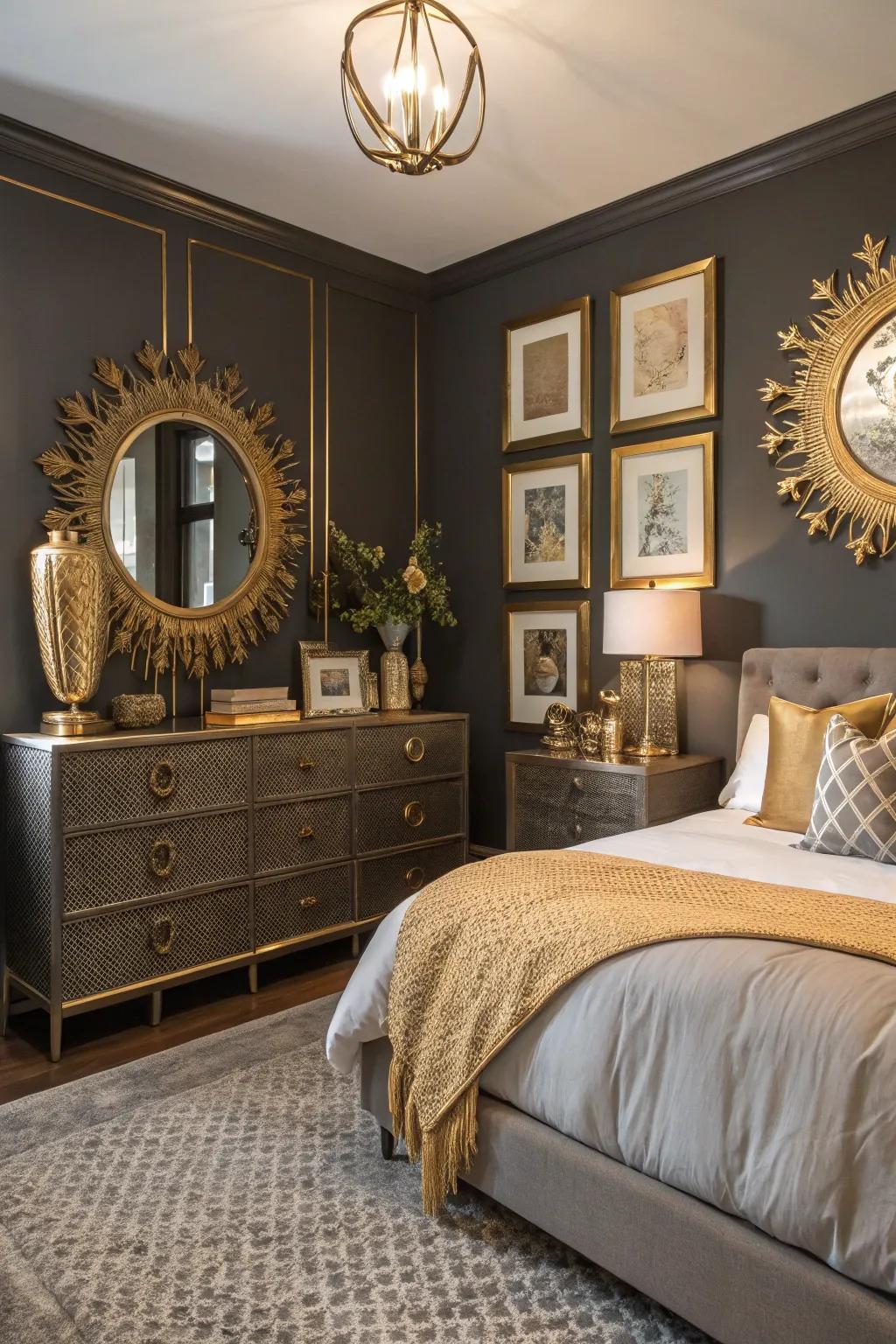 Include a touch of luxury using golden accents against a deep slate gray.