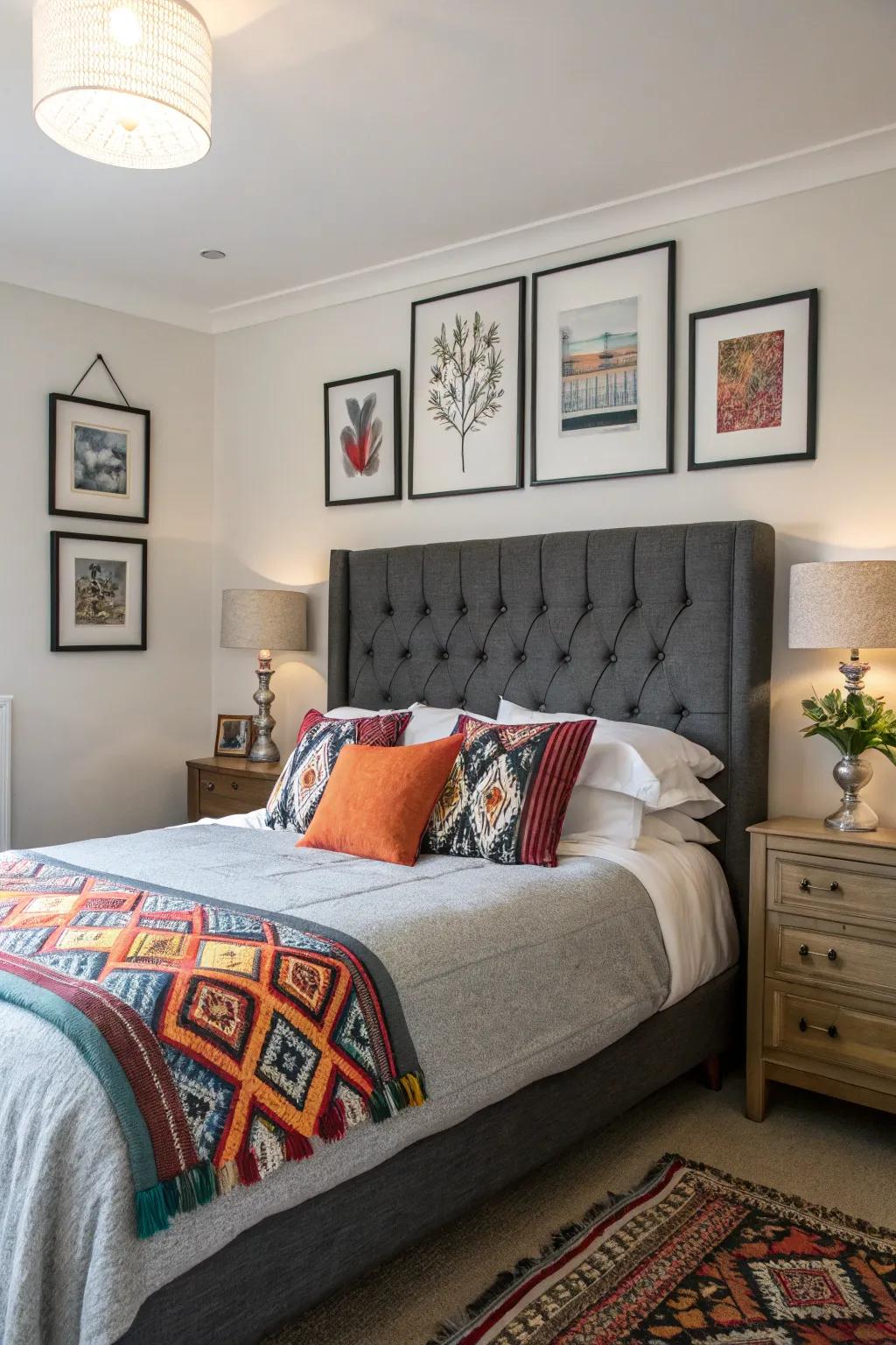 A vibrant flash of hue breathes vitality into a neutral grey headboard arrangement.