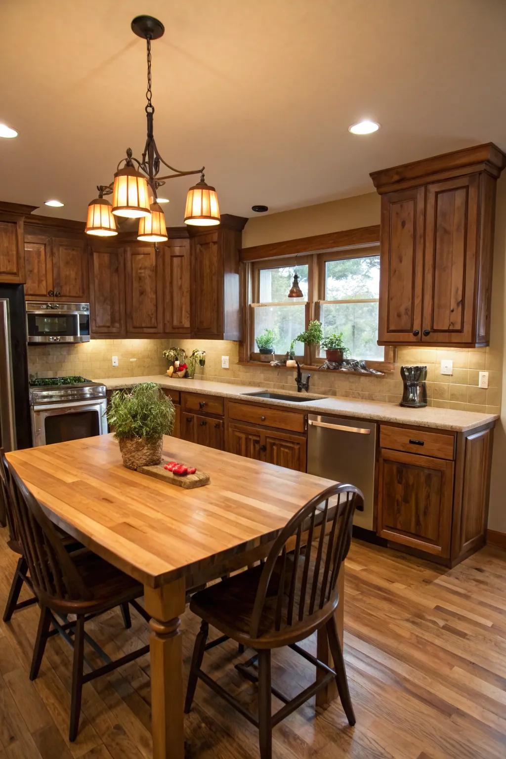 A welcoming kitchen with classic butcher block countertops.