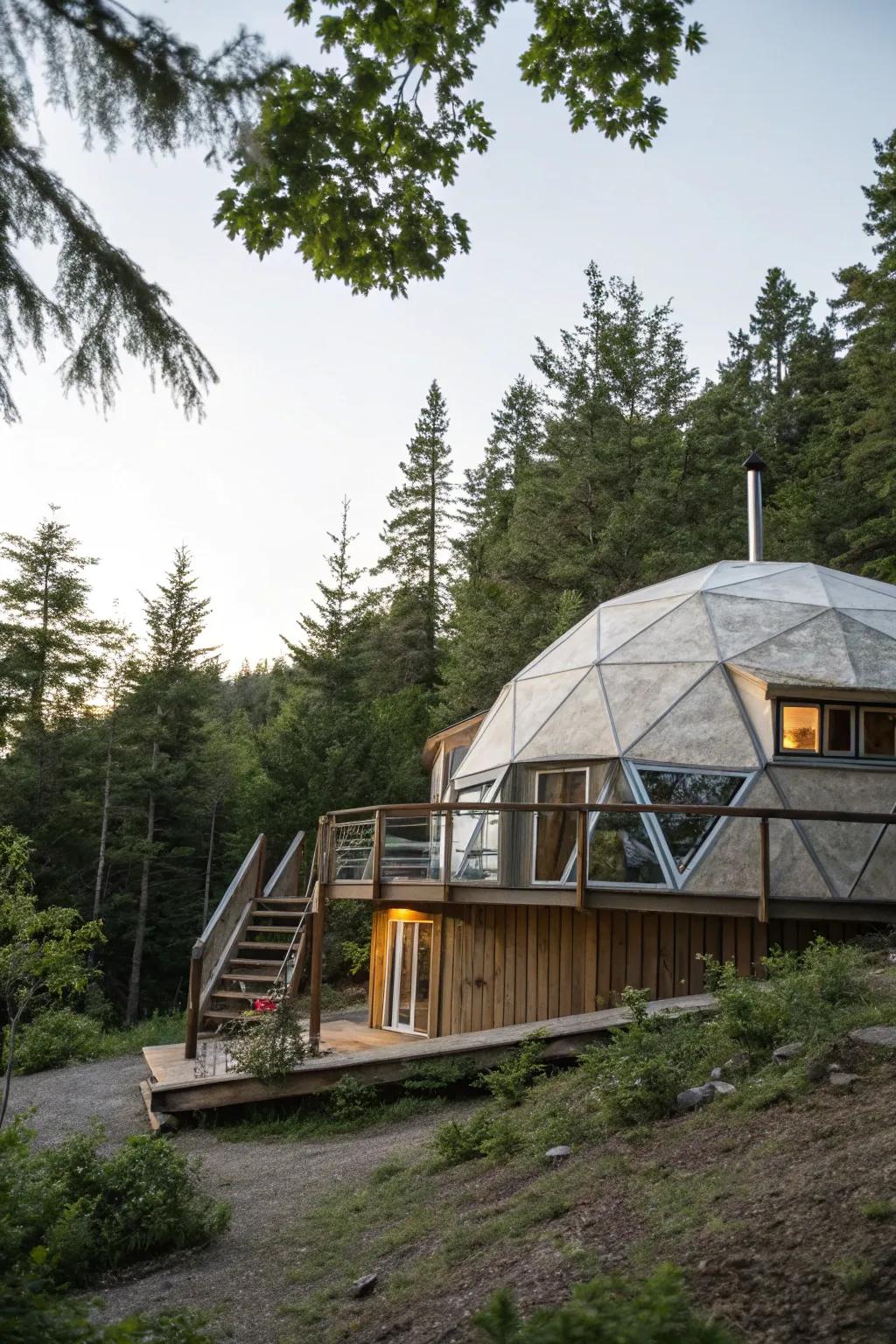 Curved shell home harmoniously blending with its natural backdrop.