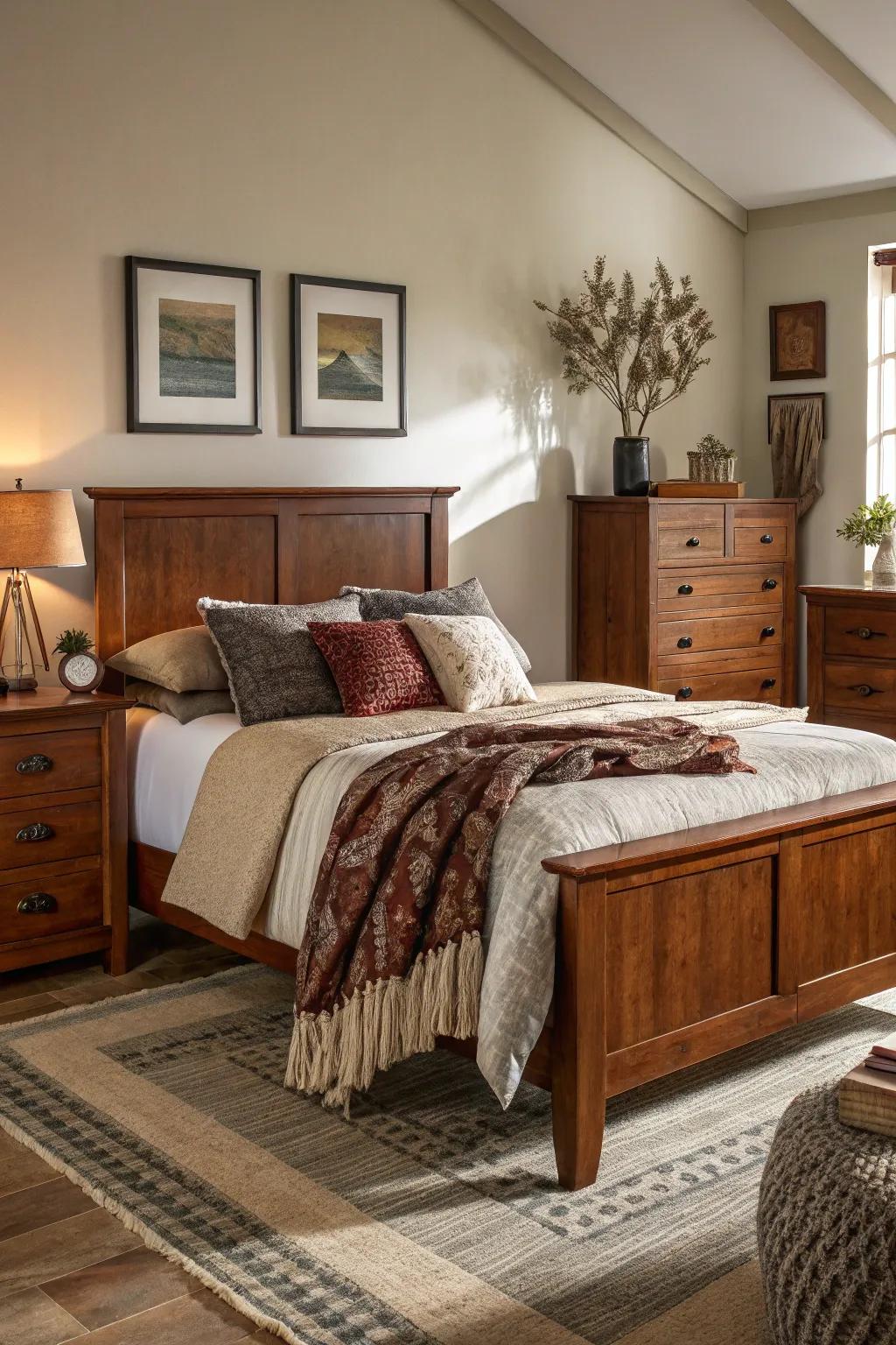 Layered fabrics that accentuate the rich surface of mahogany furnishings.