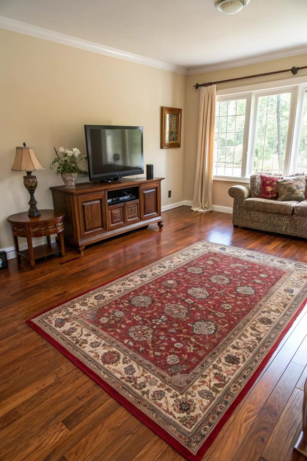 Rugs introduce texture and warmth alongside floors made of red oak.
