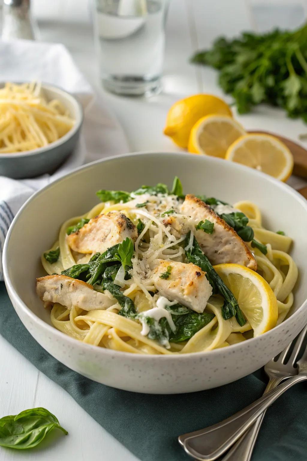 Chicken and spinach pasta swimming in a refreshing zesty cream.