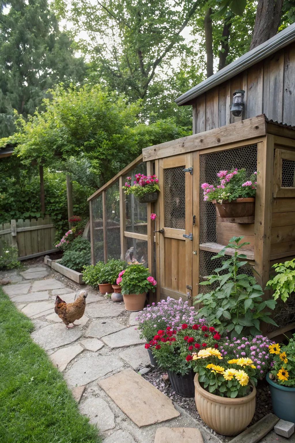 Potted plants establish a refreshing and natural mood near the hen house.