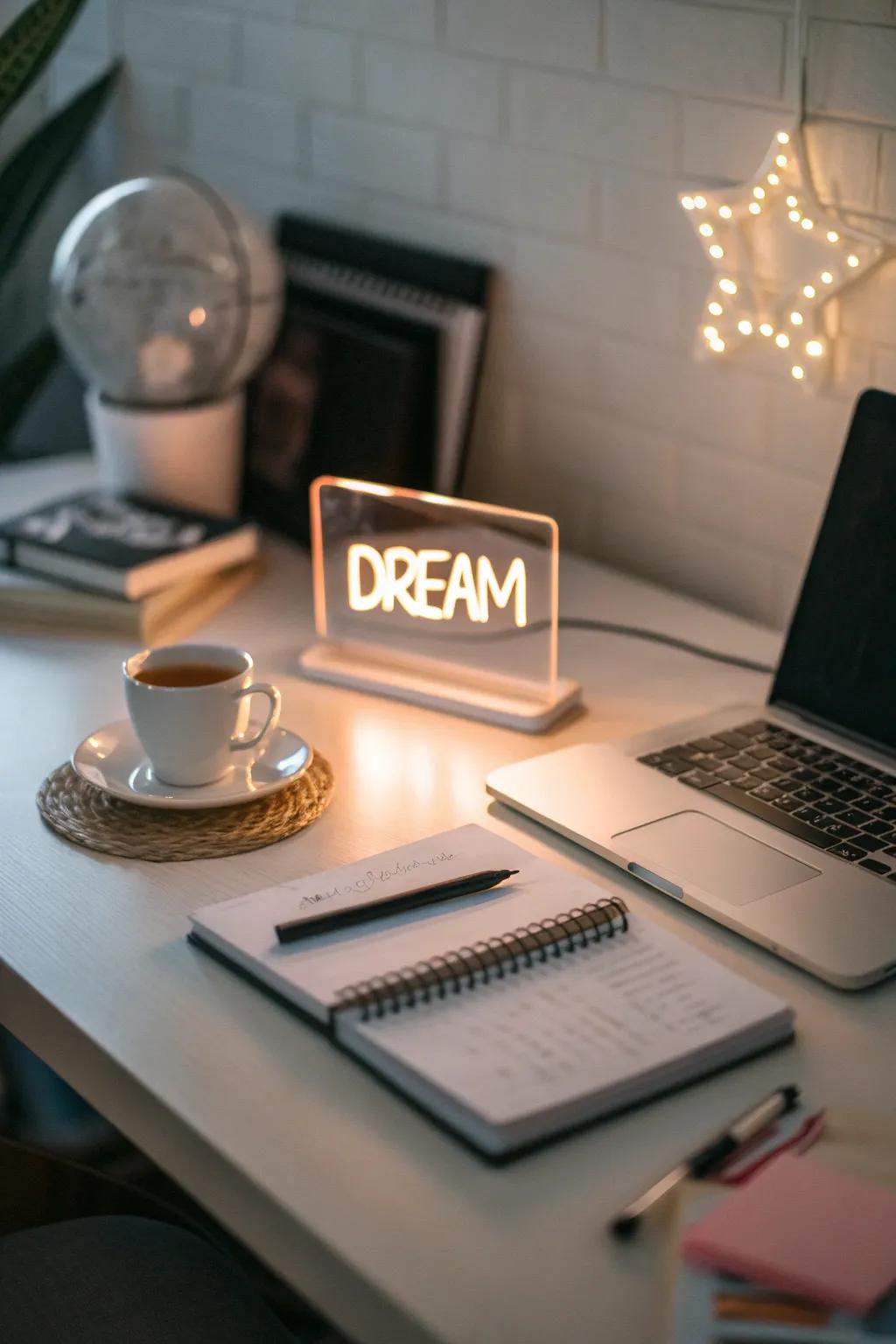 A neon sign bringing a modern spark over the workspace.