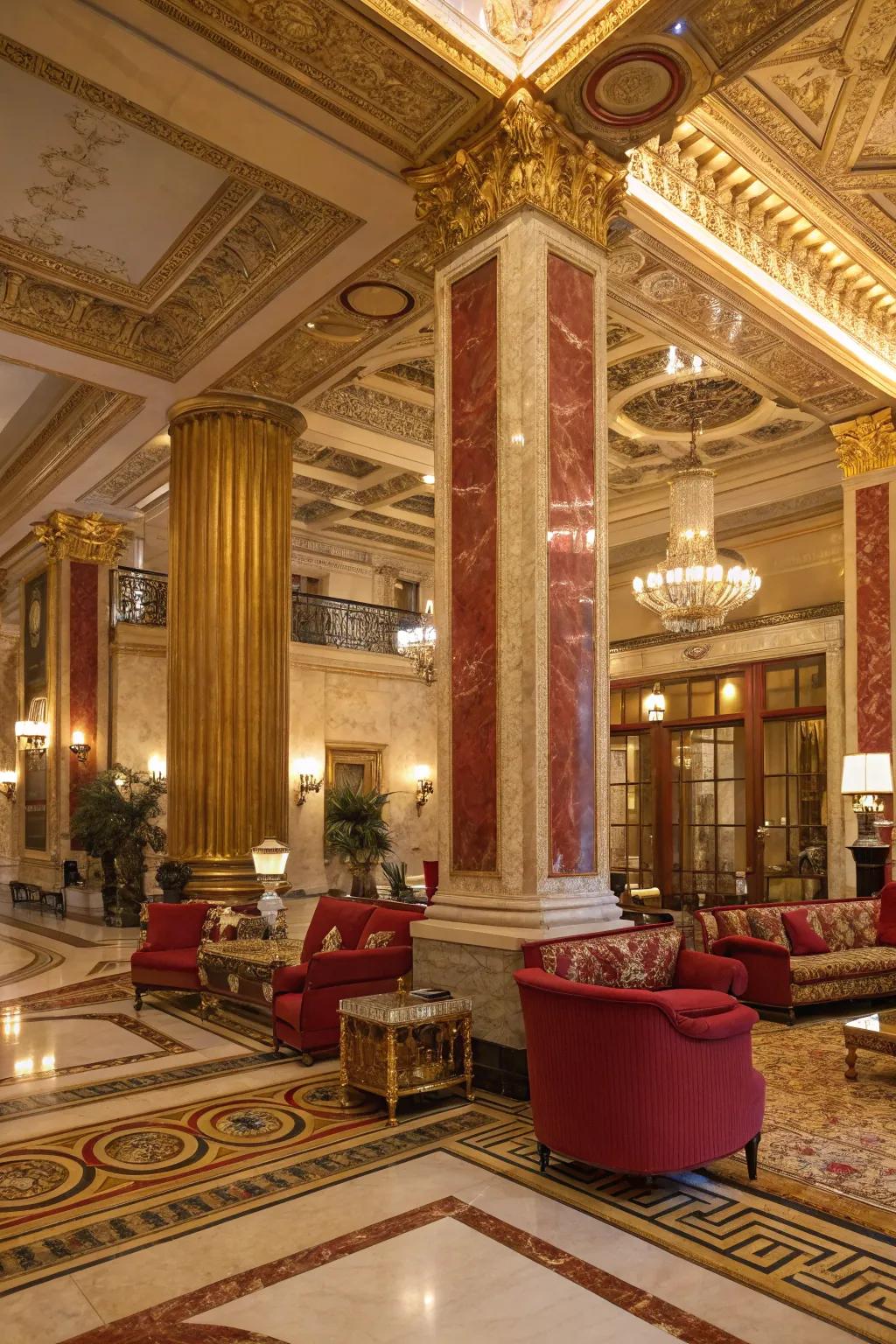An entrance hall displaying a luxurious color scheme of gold, red, and earthy shades.