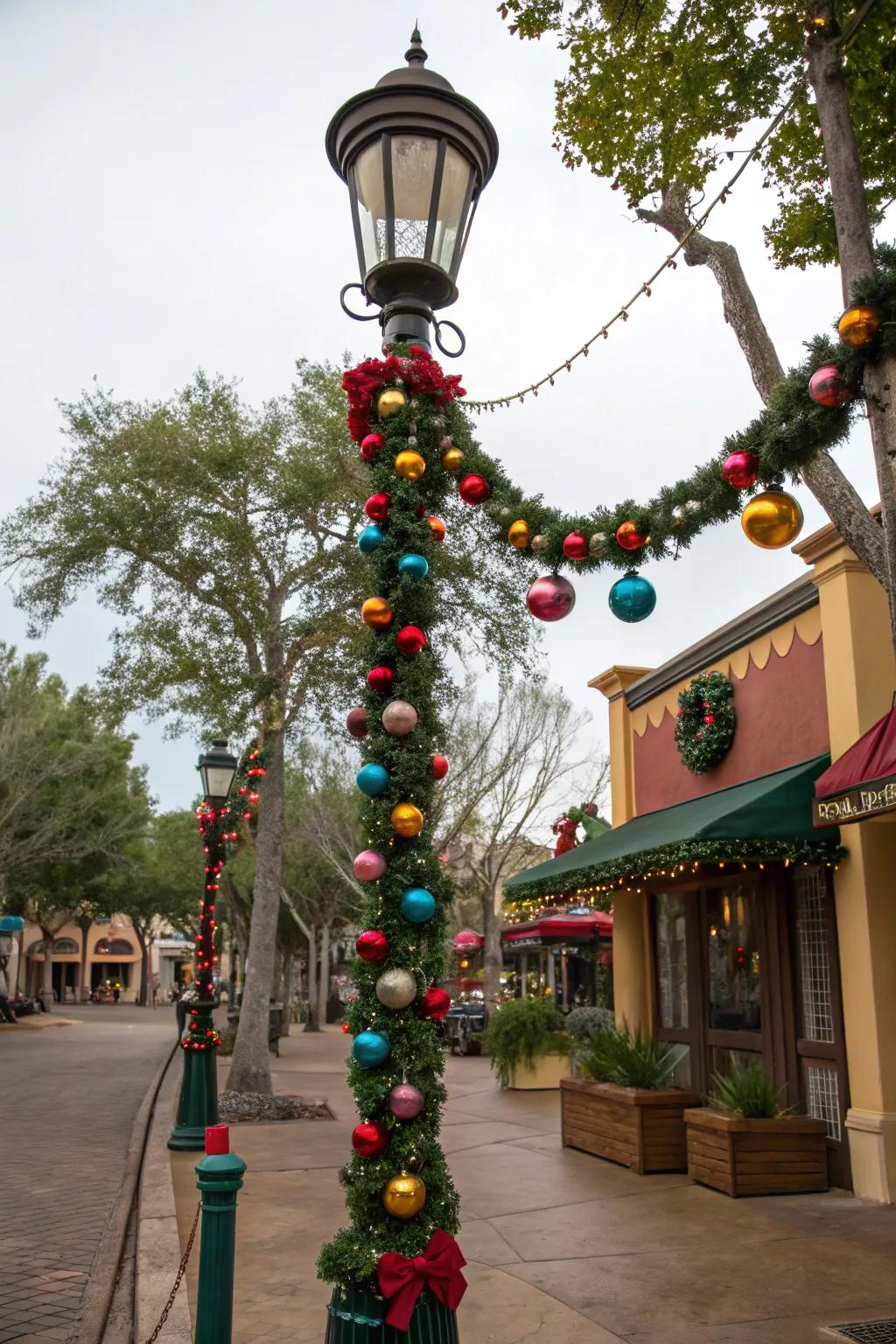 Baubles inject a dash of whimsy into a fully decorated lamp post.