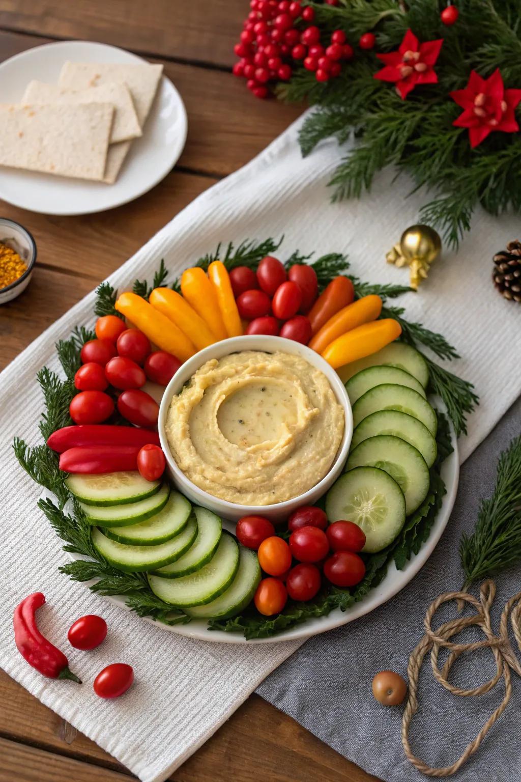A festive vegetable wreath, accompanied by a creamy hummus dip.