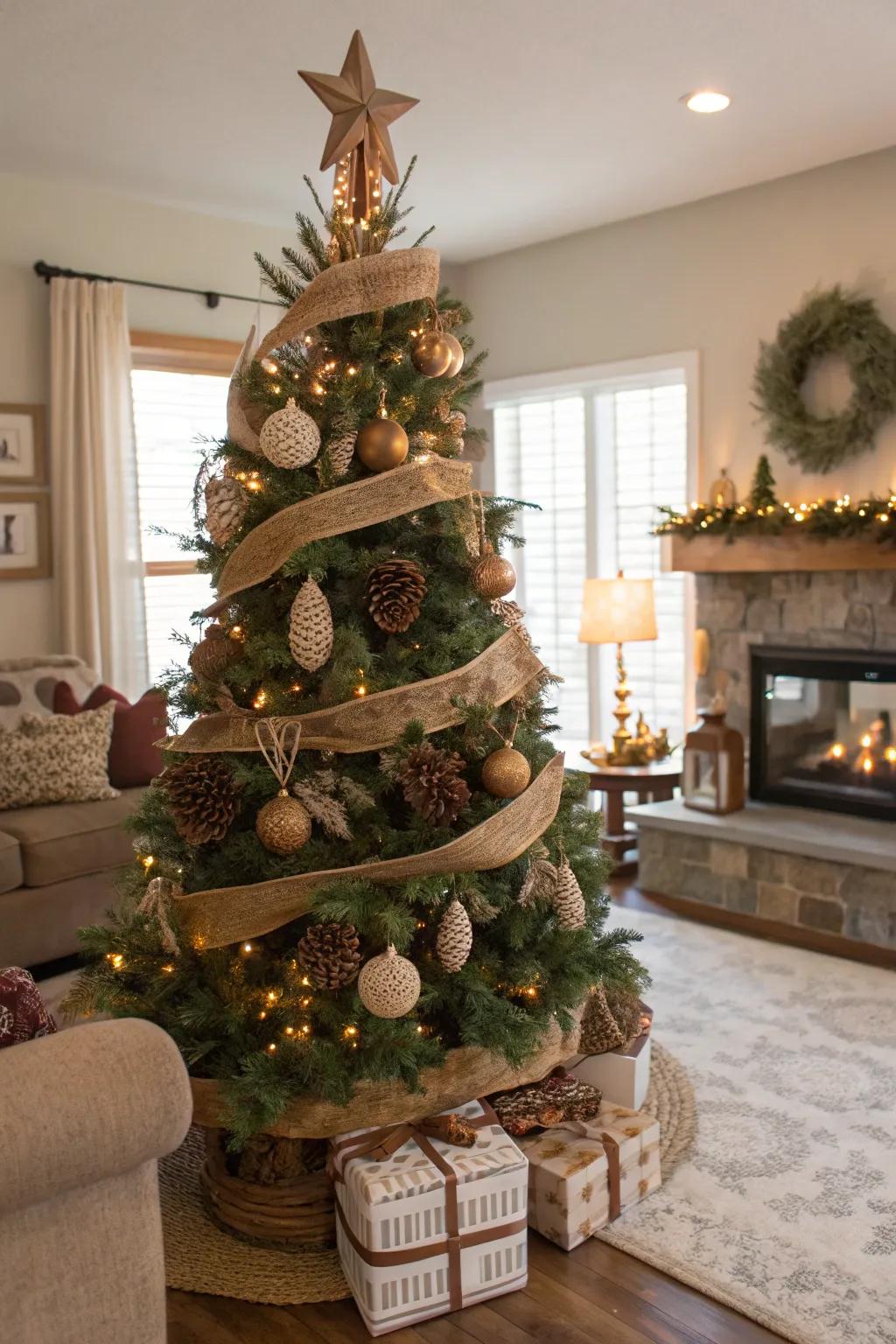 Rustic components fashion a warm and inviting homespun rural Christmas tree.