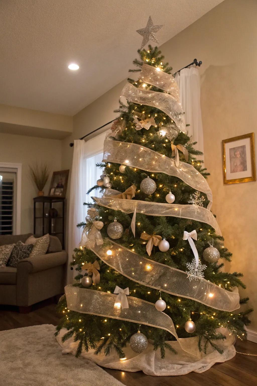 A Christmas tree with layered sheer and solid ribbons, creating a textured and colorful display.